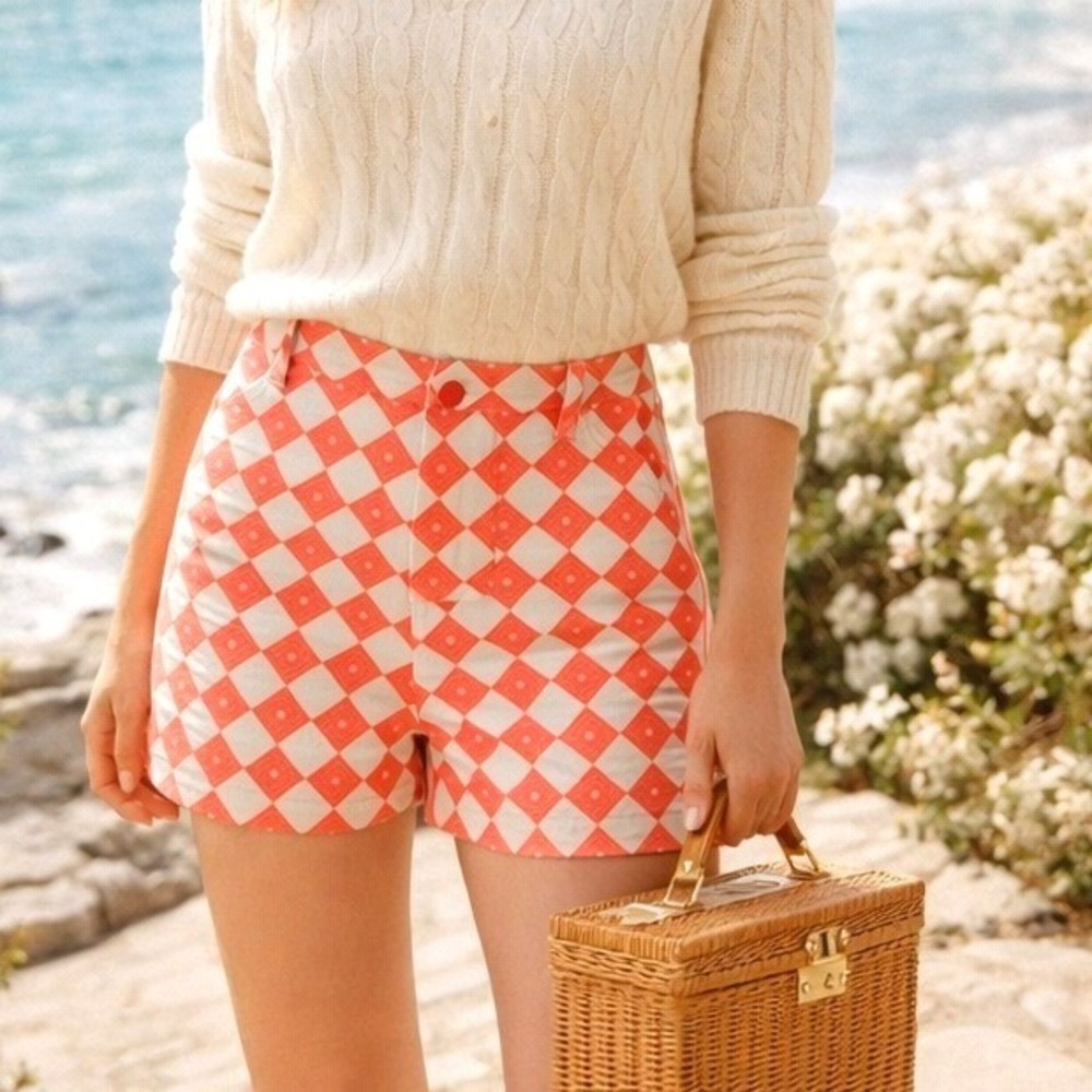 Ann Taylor LOFT Riviera Shorts 4 Coral Geometric Cotton Lined Summer Preppy MOD